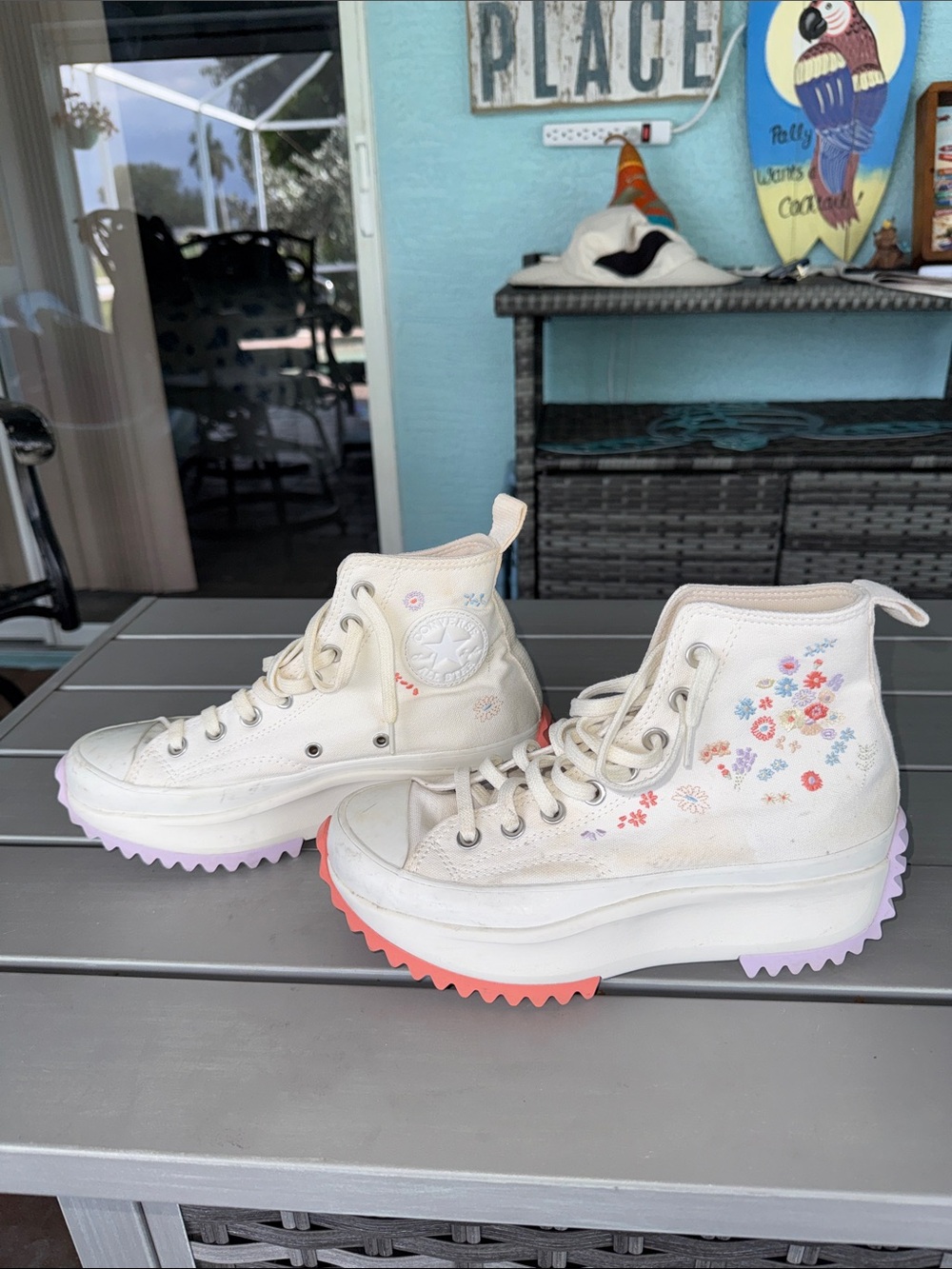 Converse White Platform High-Top Sneakers with Pastel Floral Embroidery